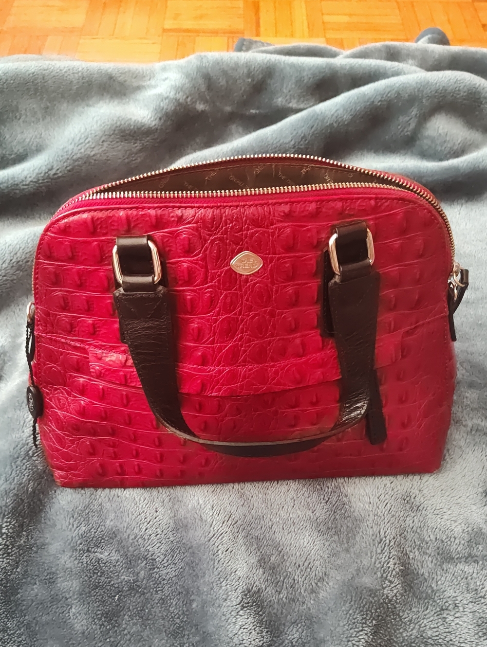 Red Croc-Embossed Satchel Genuine Leather Handbag with Black Handles